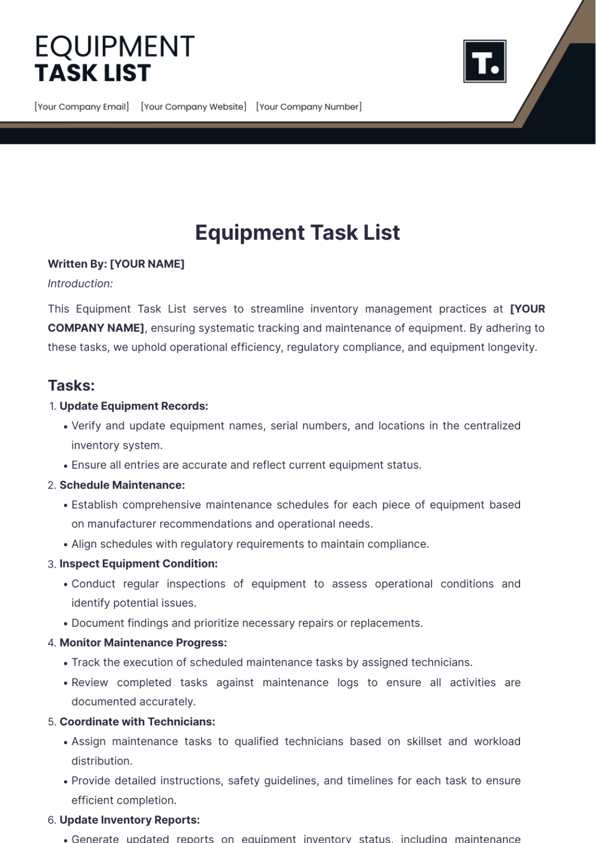 Equipment Task List Template - Edit Online & Download