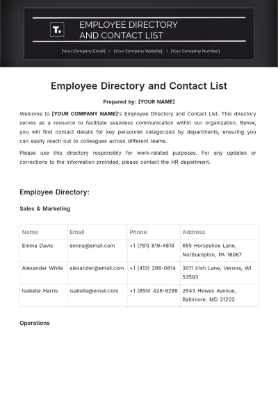 Free Employee Directory And Contact List Template to Edit Online