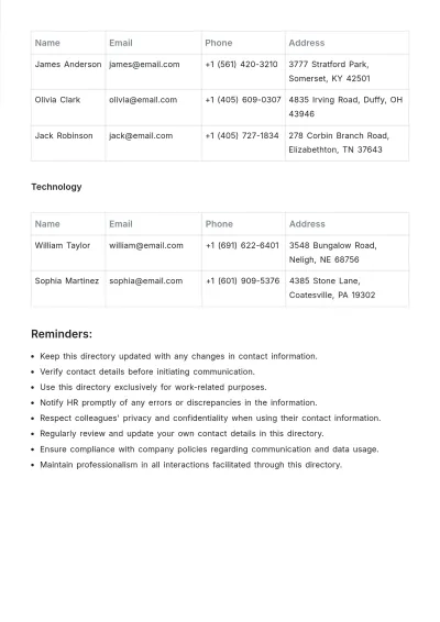 Free Employee Directory And Contact List Template to Edit Online