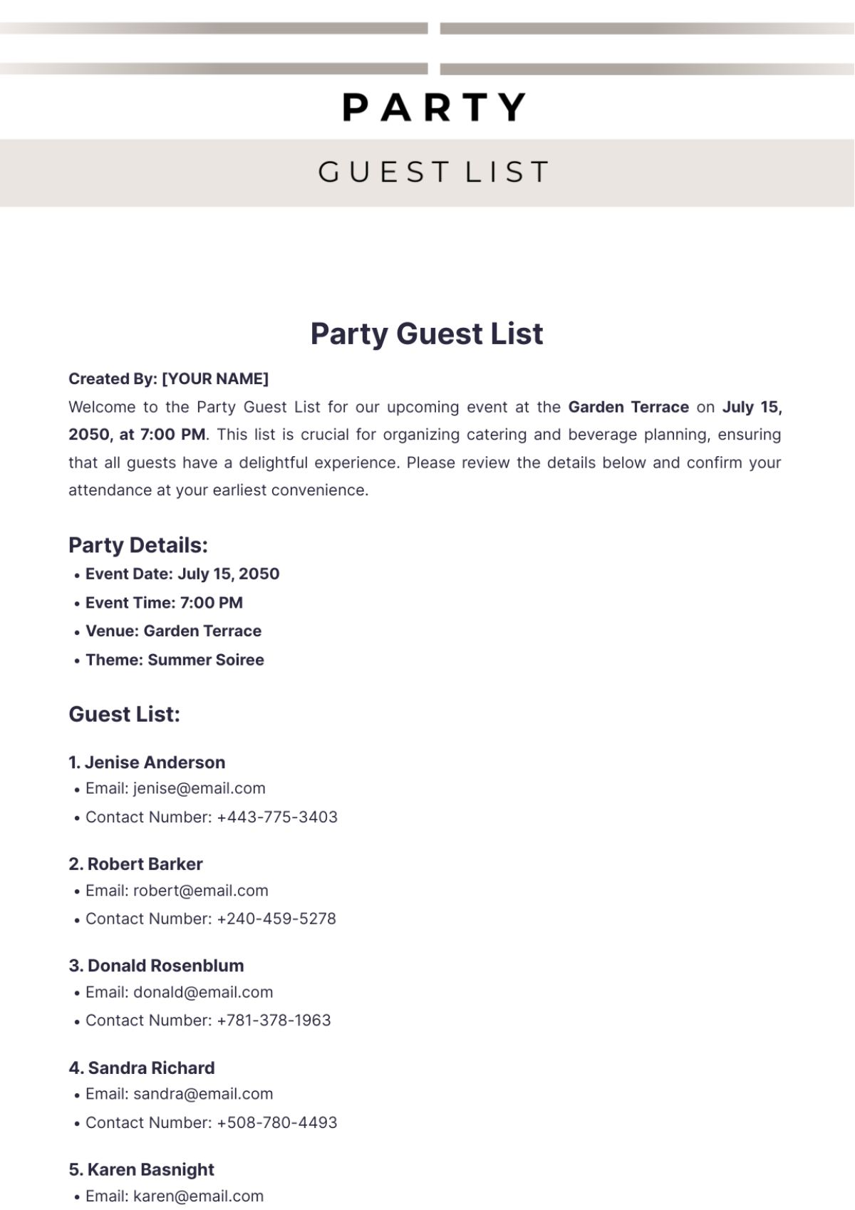 Party Guest List Template - Edit Online & Download