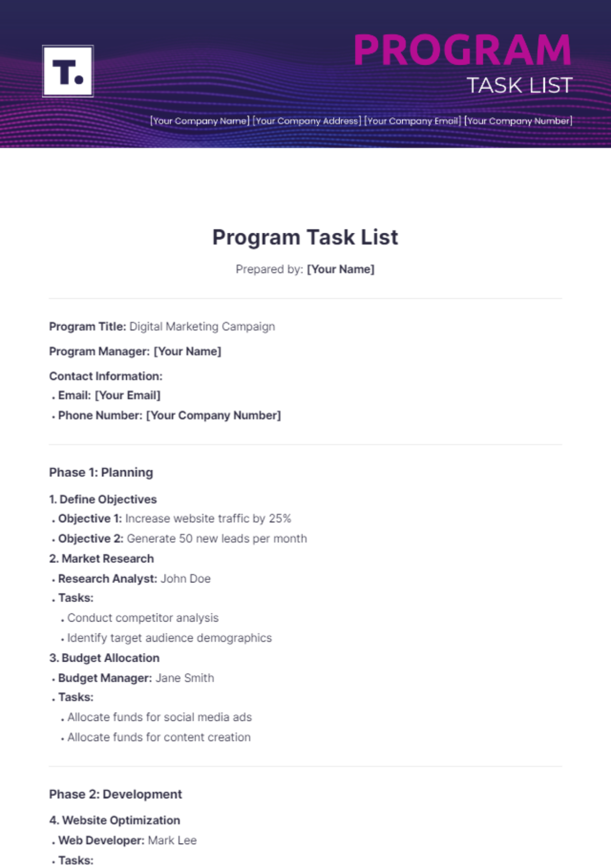 Program Task List Template - Edit Online & Download