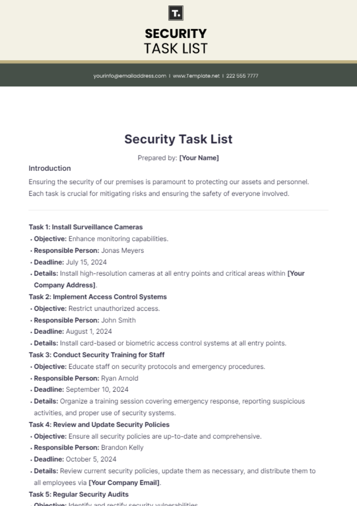 Security Task List Template