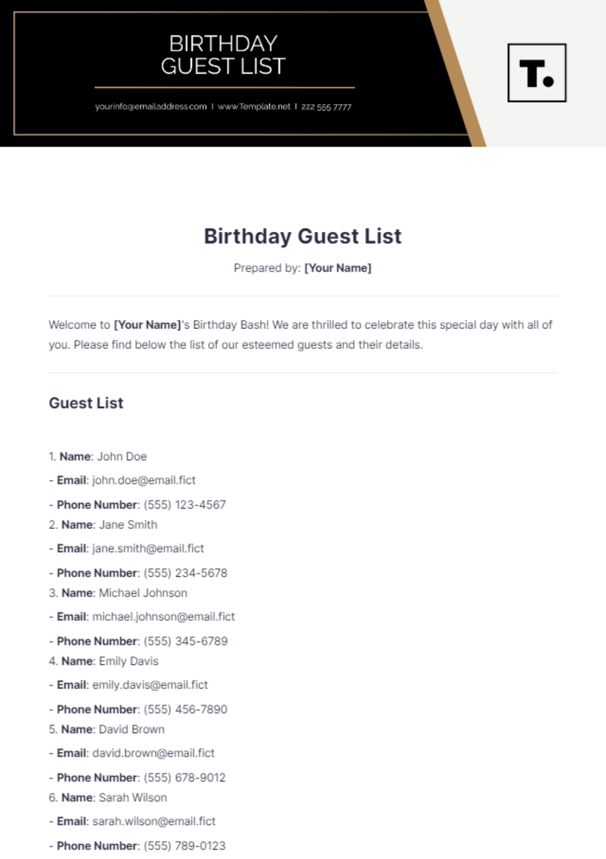 Birthday Guest List Template