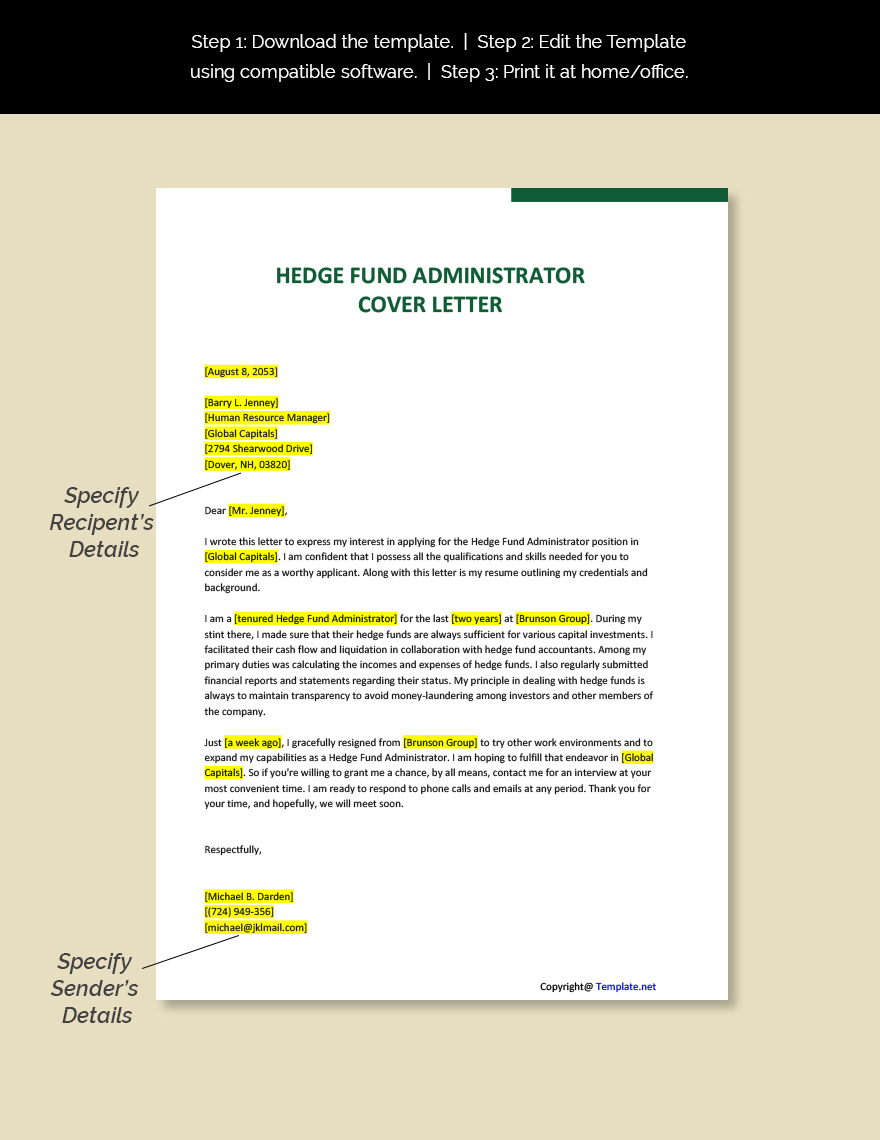 Hedge Fund Administrator Cover Letter Template
