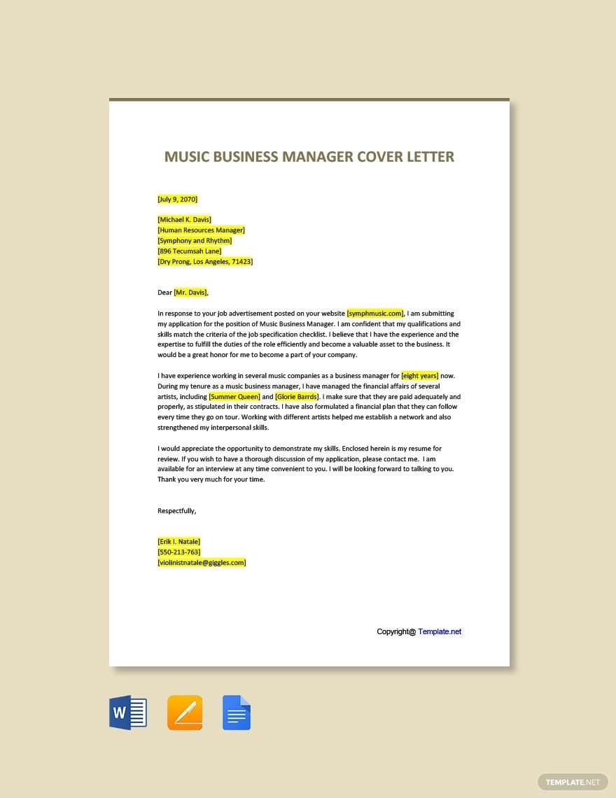 Music Business Manager Cover Letter