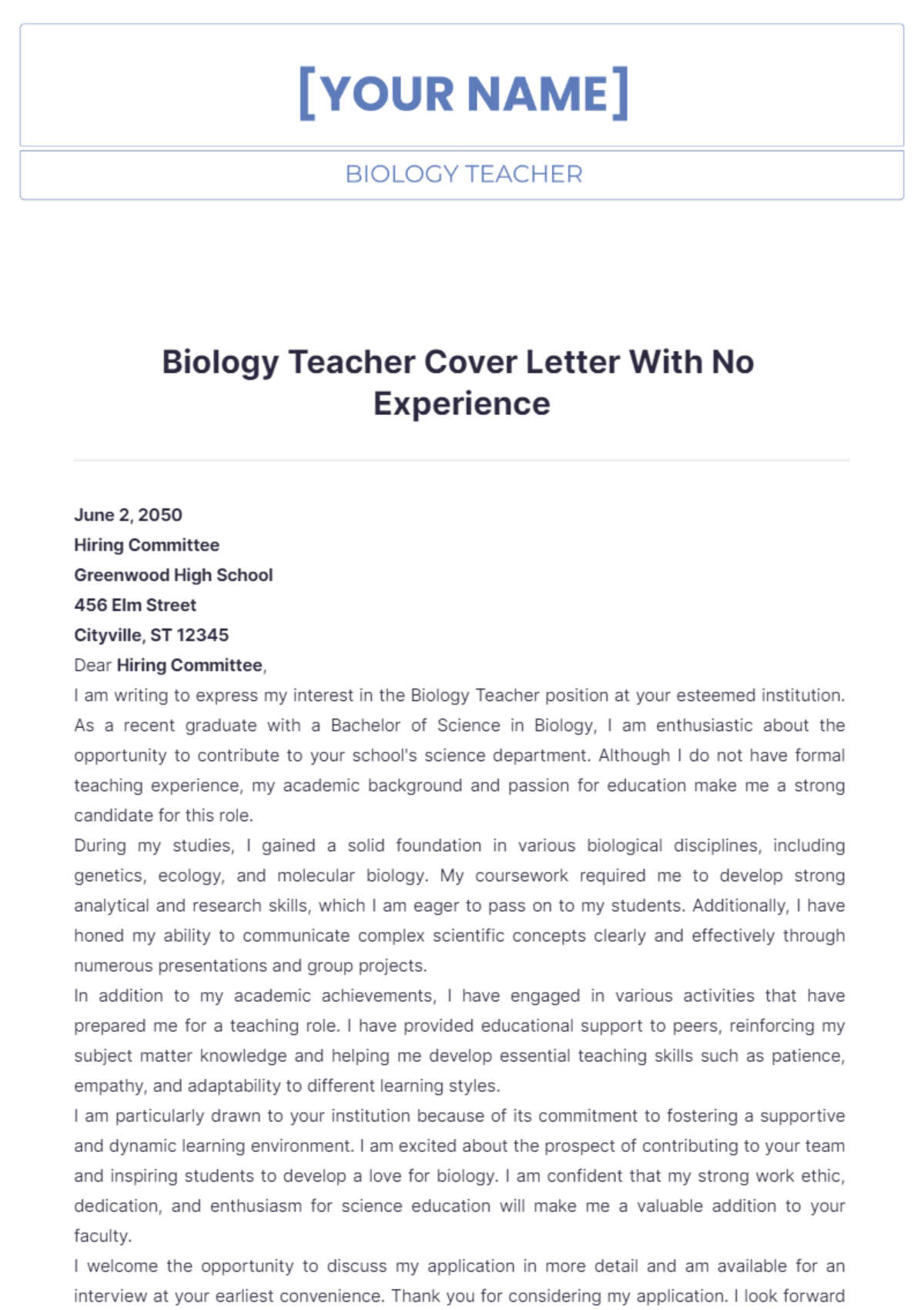 Biology Teacher Cover Letter With No Experience - Edit Online & Download