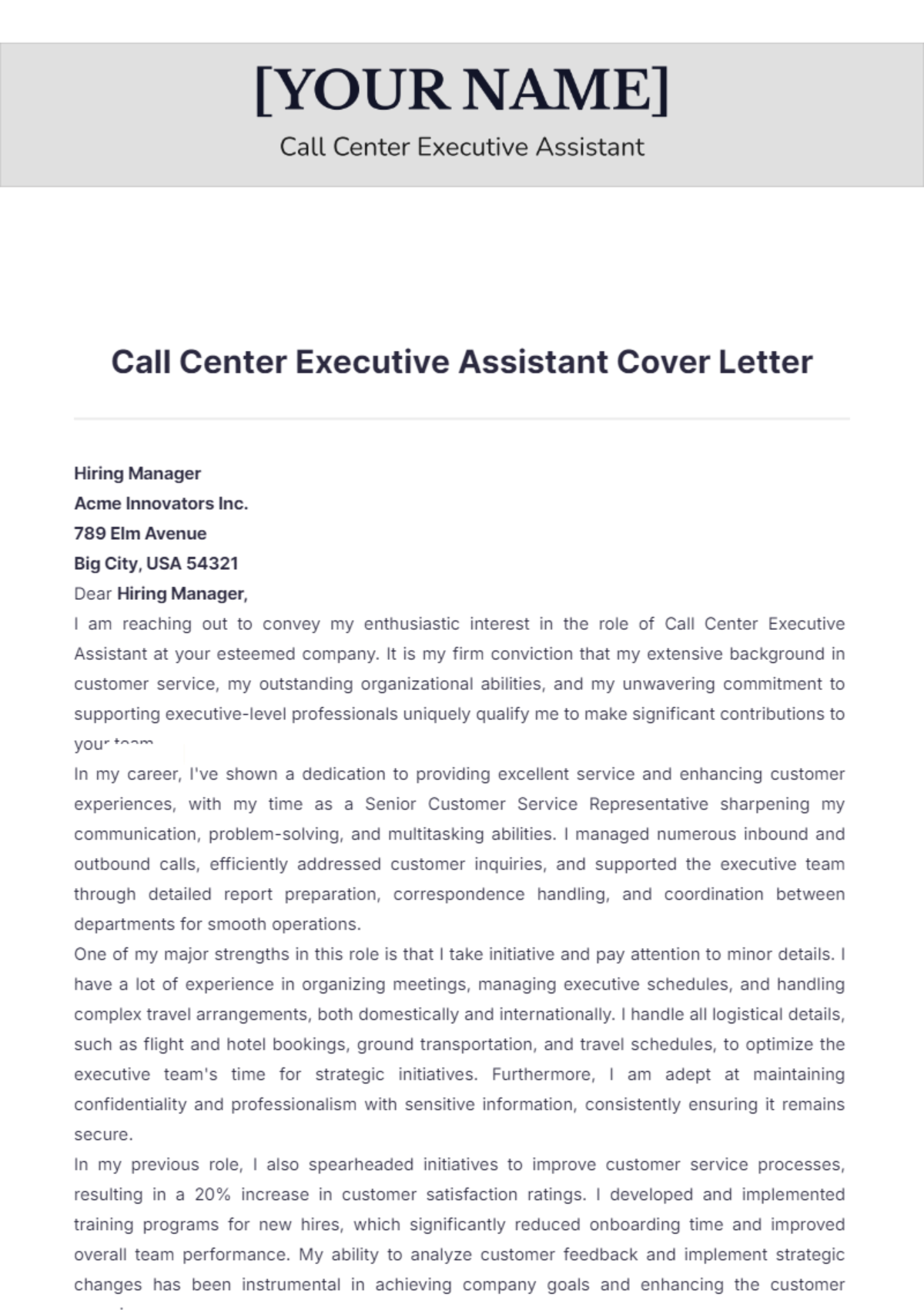 Call Center Executive Assistant Cover Letter - Edit Online & Download