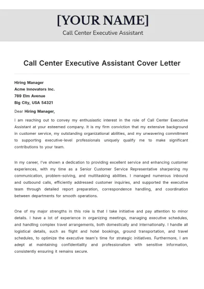 Free Call Center Executive Assistant Cover Letter to Edit Online