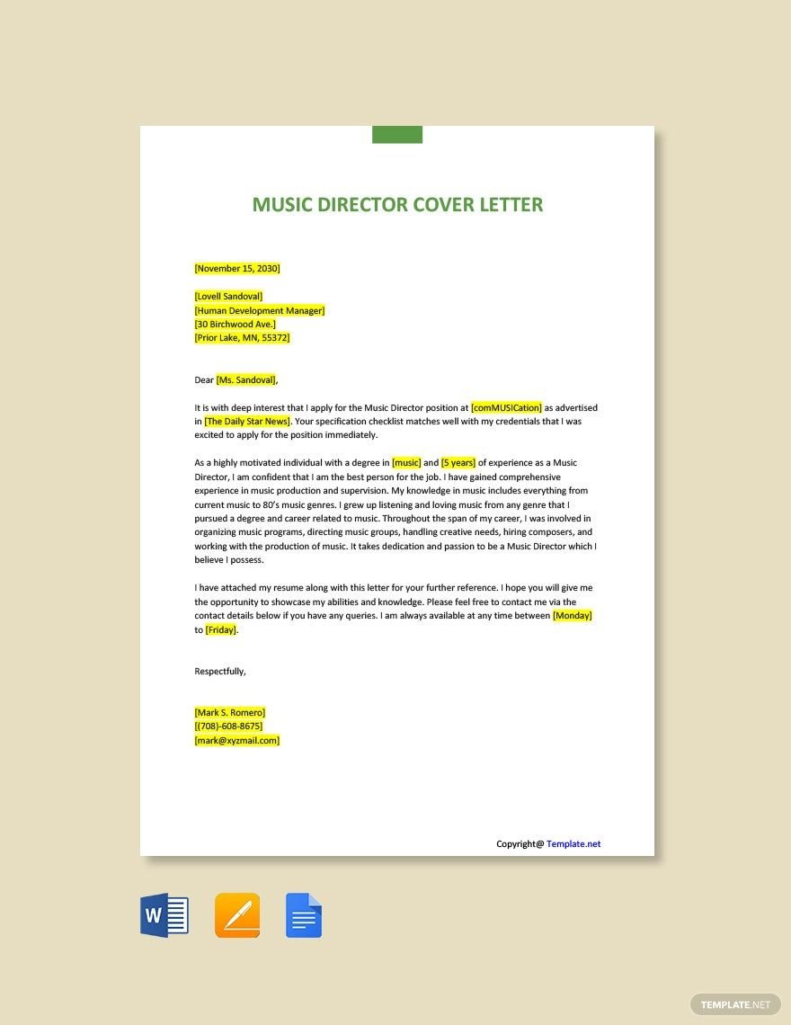 Music Director Cover Letter in Word, Google Docs, PDF, Apple Pages