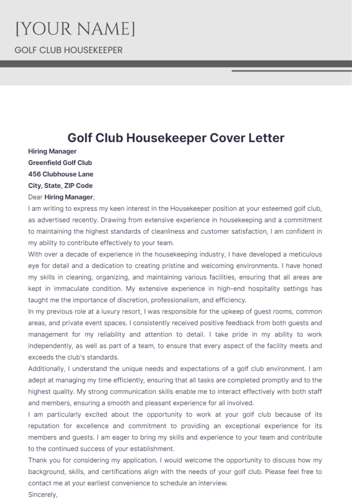 Golf Club Housekeeper Cover Letter - Edit Online & Download