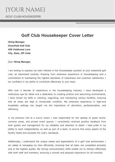Free Golf Club Housekeeper Cover Letter to Edit Online