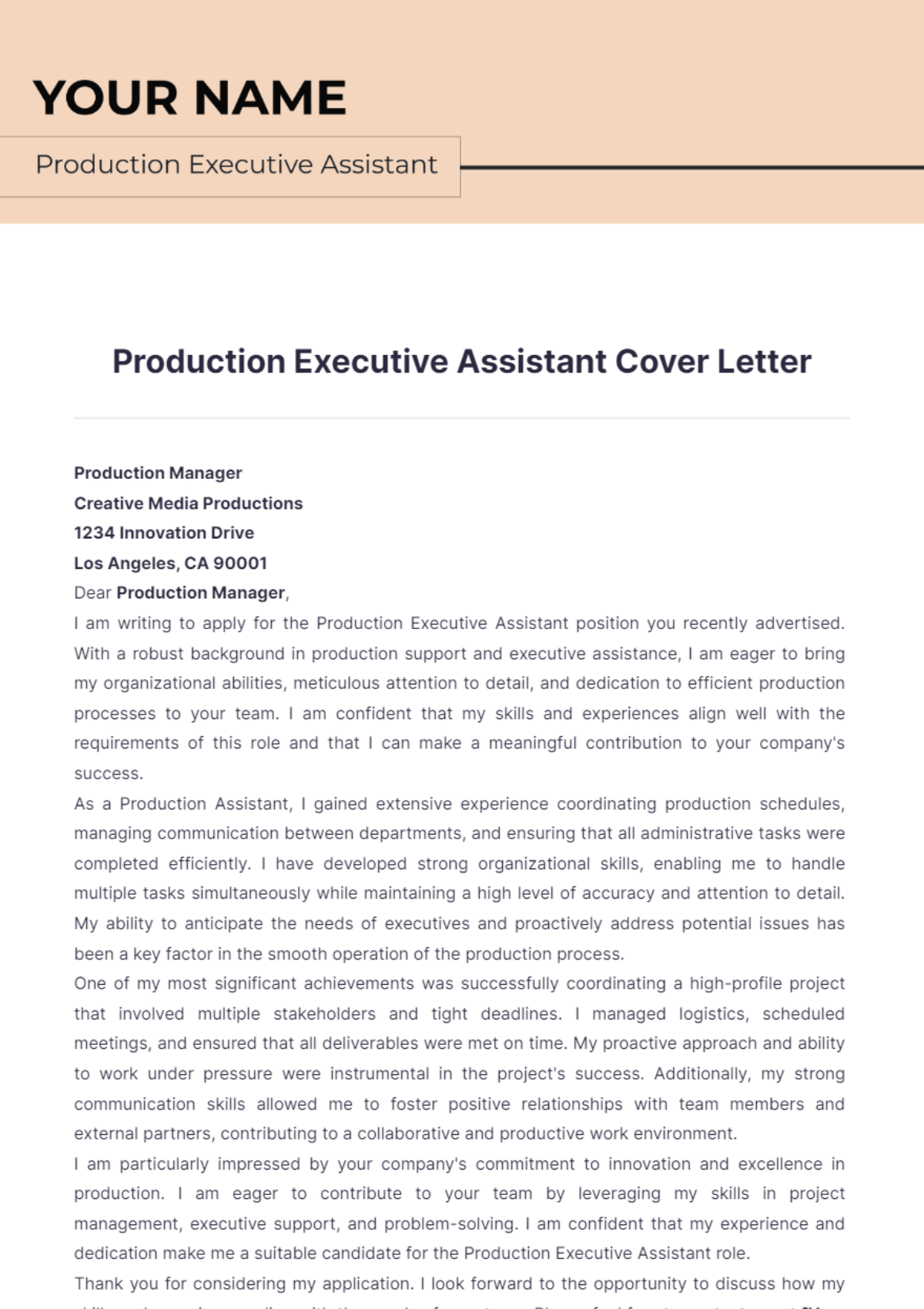 Production Executive Assistant Cover Letter - Edit Online & Download