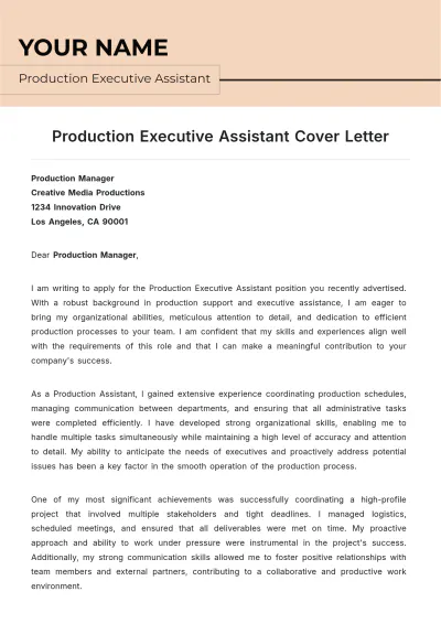 Free Production Executive Assistant Cover Letter to Edit Online