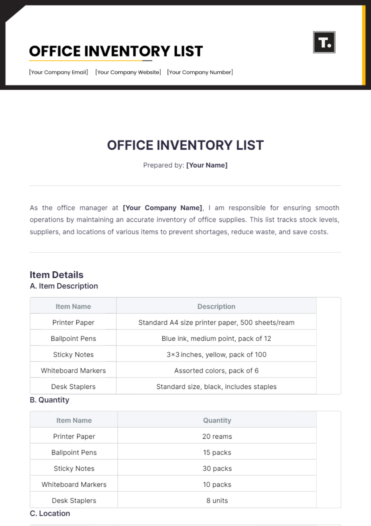 Office Inventory List Template - Edit Online & Download