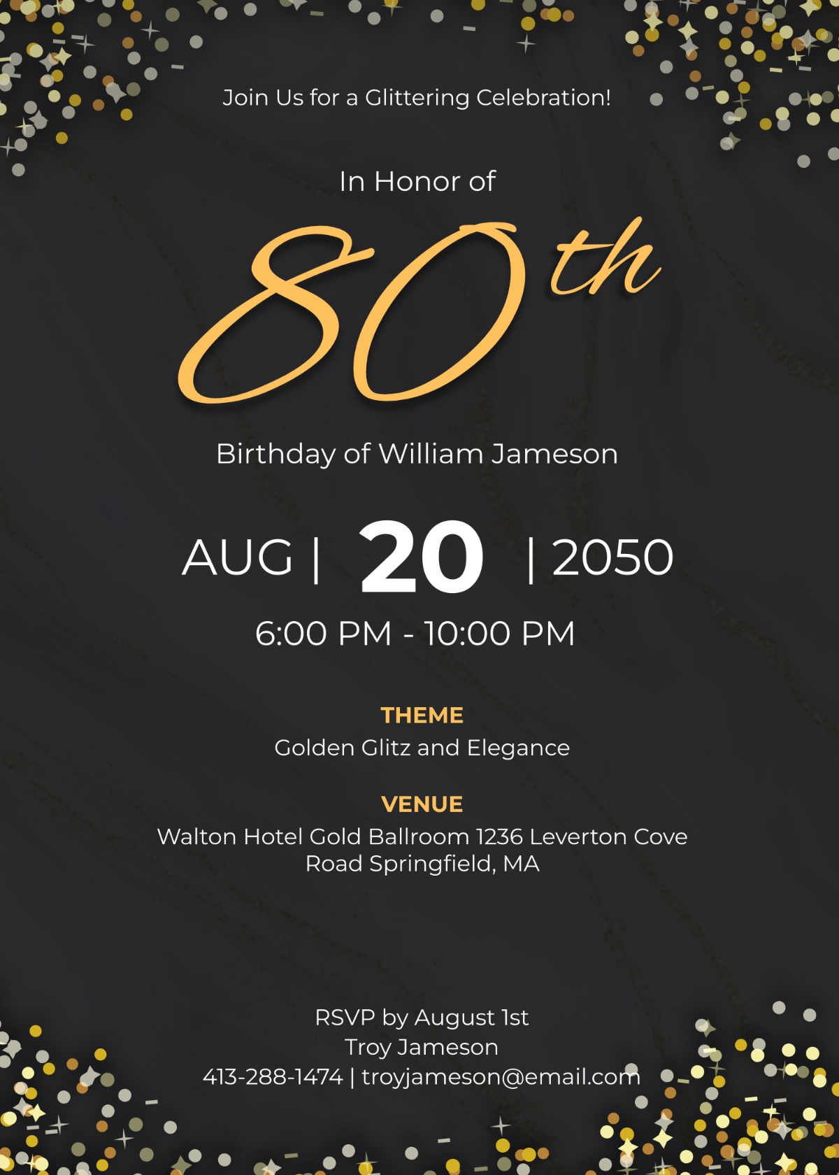 Gold Glittered 80th Birthday Invitation