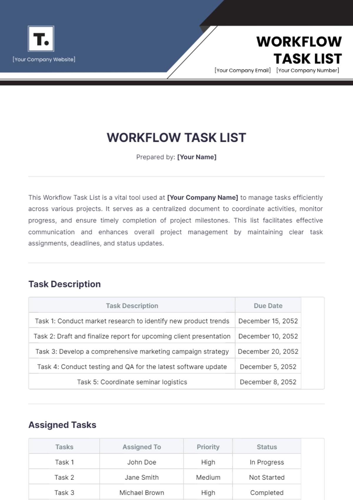 Workflow Task List Template