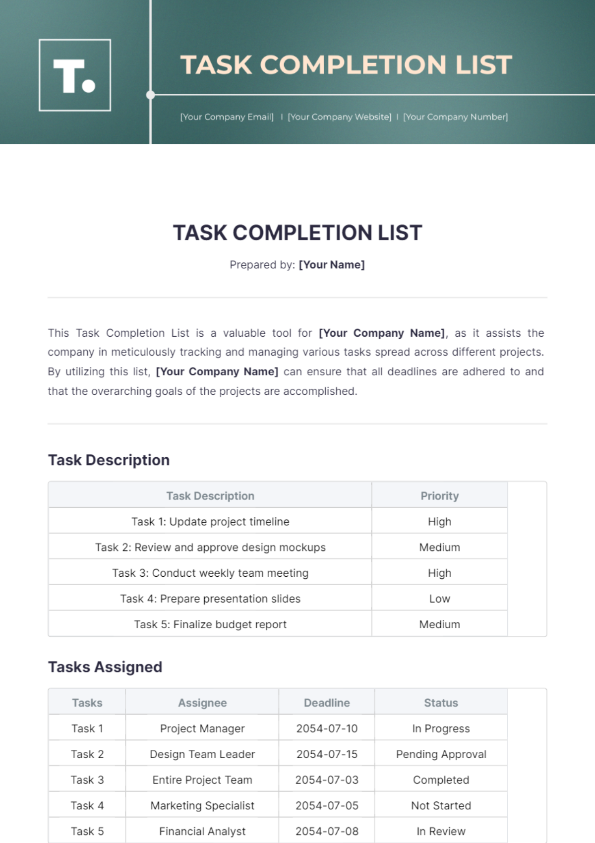 Task Completion List Template