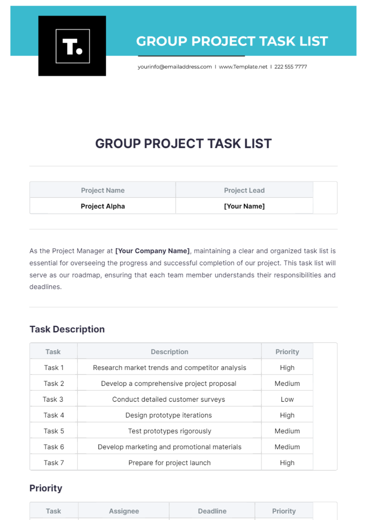 Group Project Task List Template - Edit Online & Download