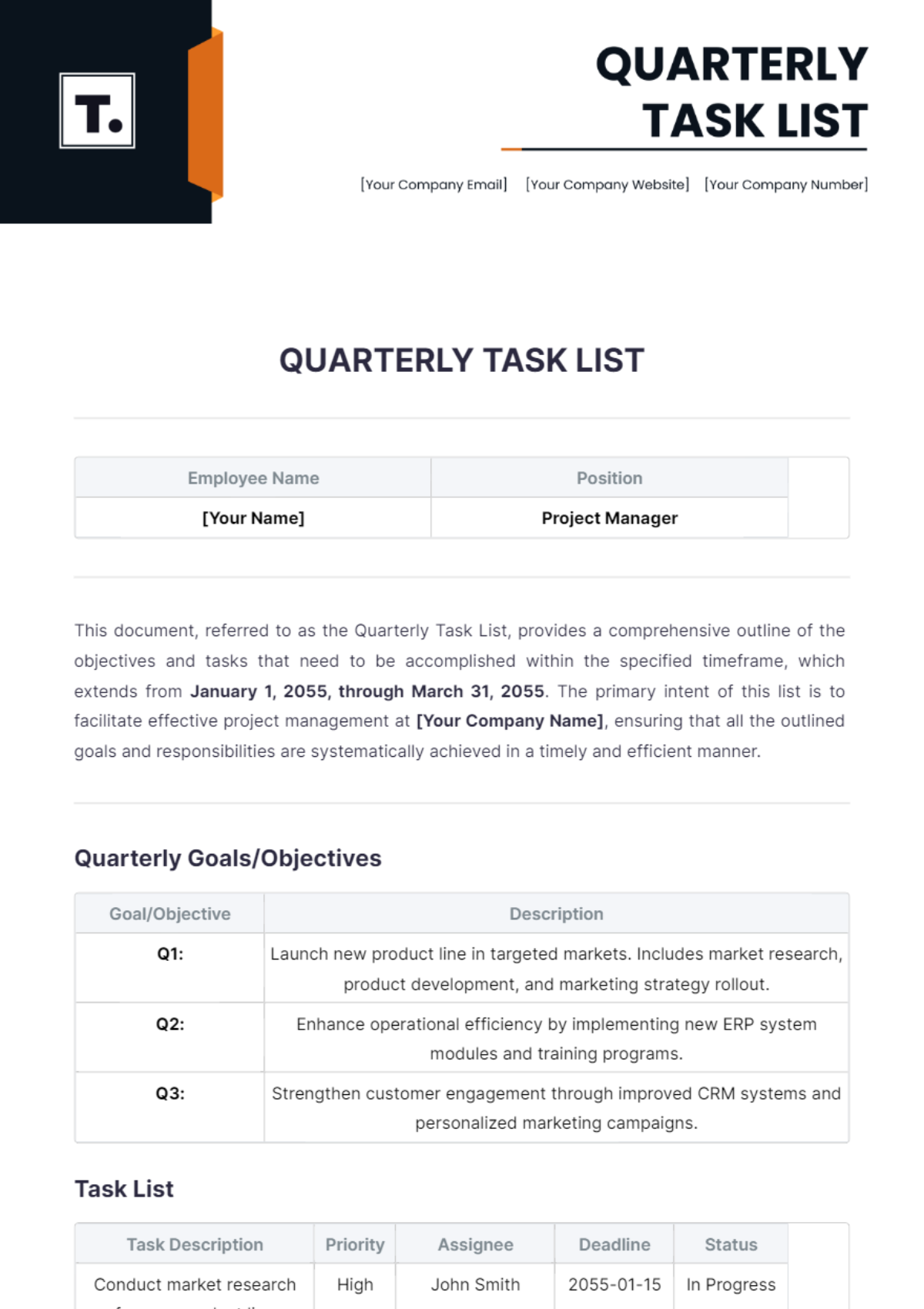 Quarterly Task List Template - Edit Online & Download