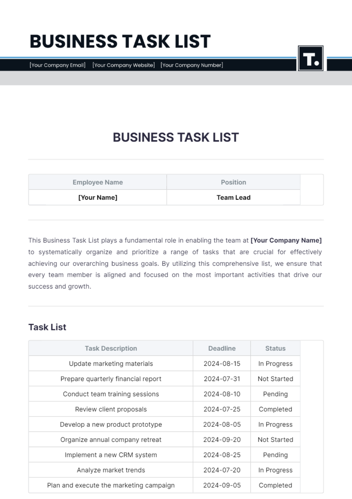 Business Task List Template - Edit Online & Download