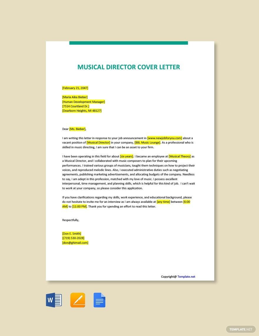 Musical Director Cover Letter in Word, Google Docs, PDF, Apple Pages