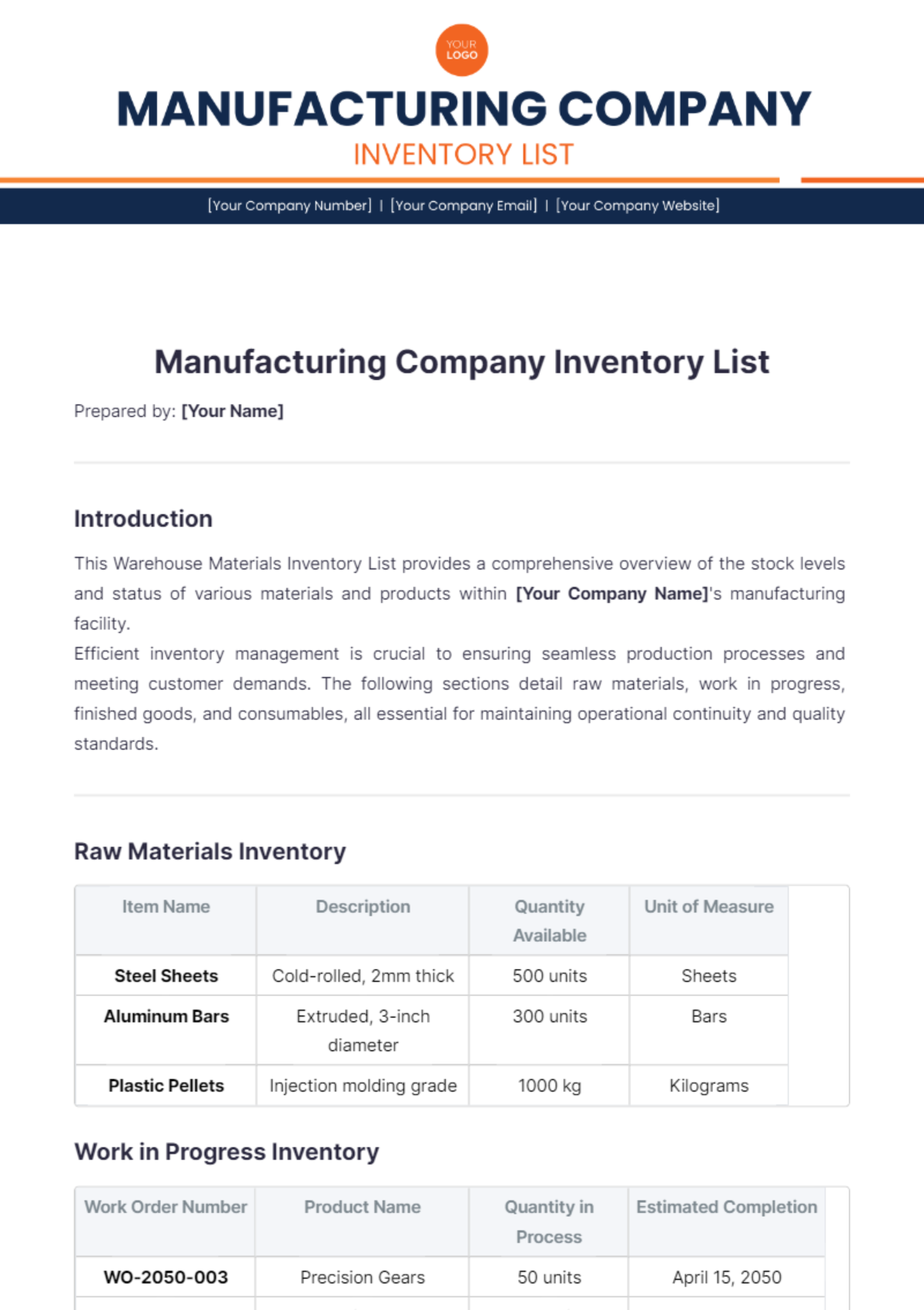 Manufacturing Company Inventory List Template - Edit Online & Download