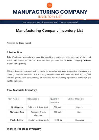 Free Manufacturing Company Inventory List Template to Edit Online