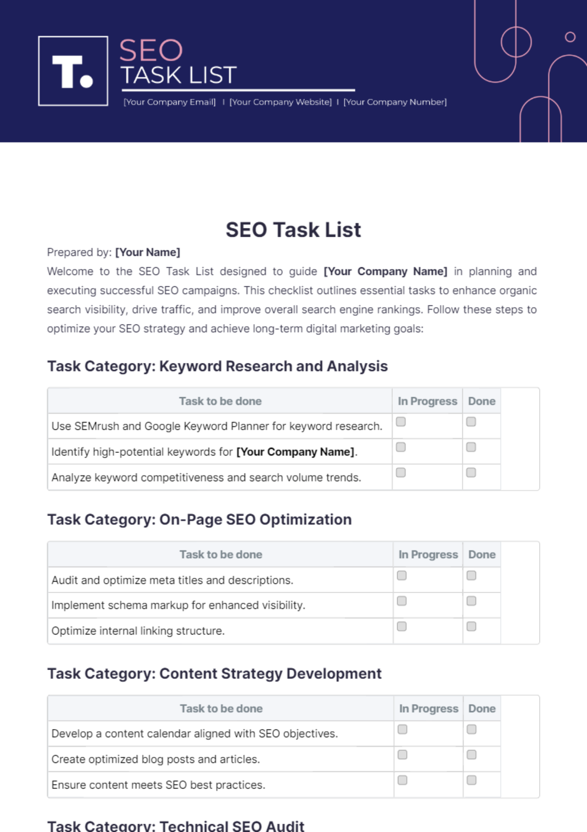 SEO Task List Template - Edit Online & Download