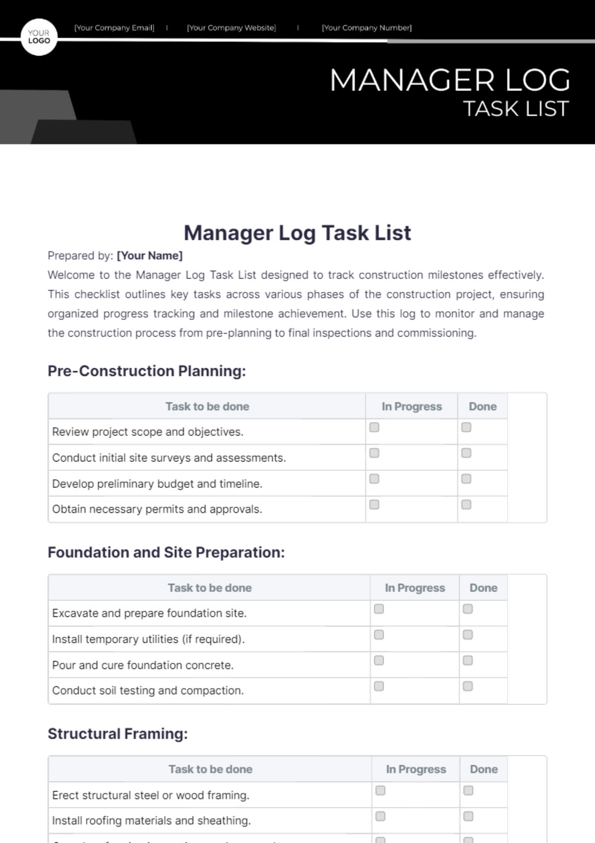 Manager Log Task List Template - Edit Online & Download