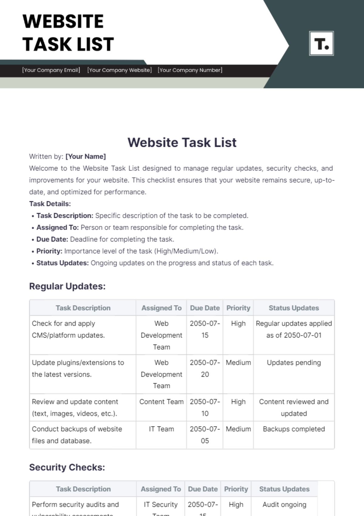 Website Task List Template - Edit Online & Download