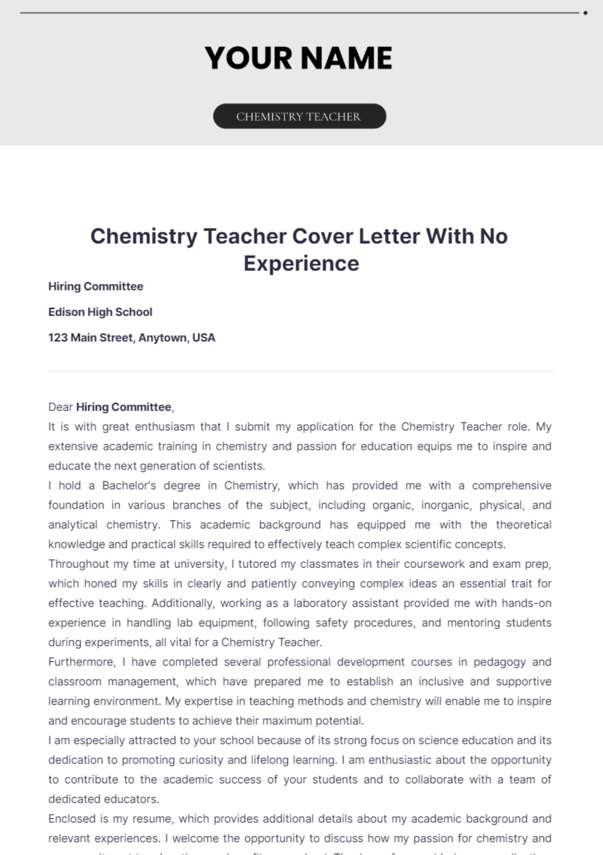 Chemistry Teacher Cover Letter With No Experience - Edit Online & Download