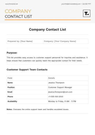Free Company Contact List Template to Edit Online