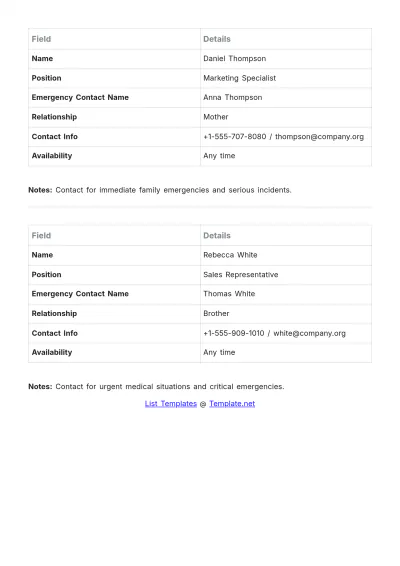 Free Employee Emergency Contact List Template to Edit Online