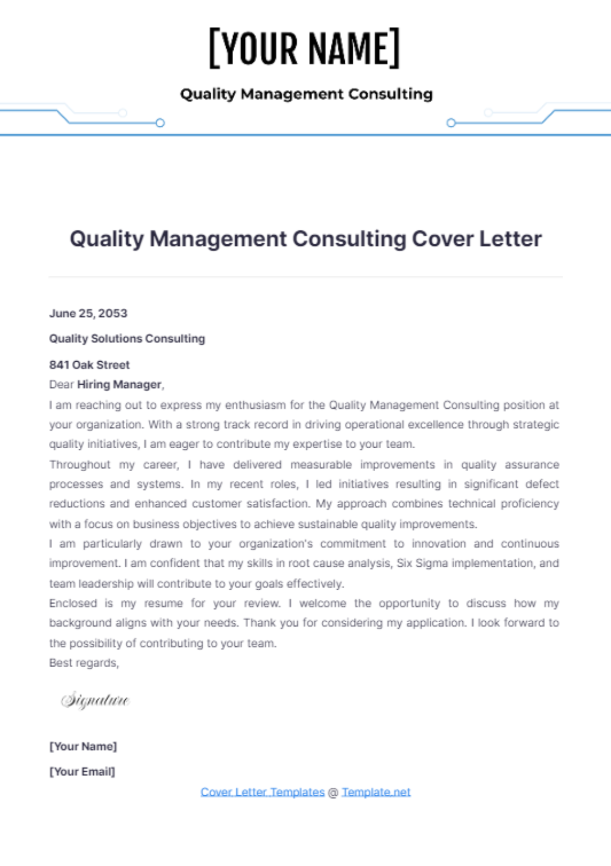 Quality Management Consulting Cover Letter - Edit Online & Download