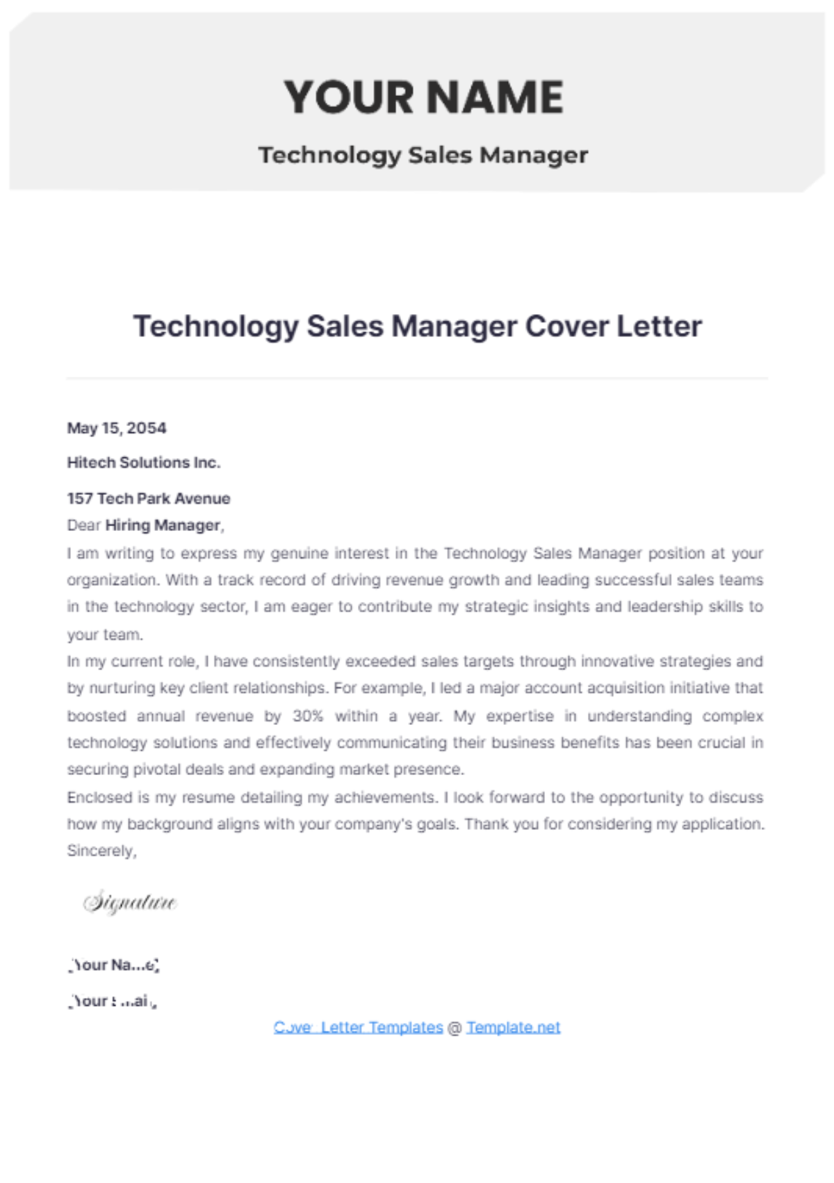 Technology Sales Manager Cover Letter - Edit Online & Download