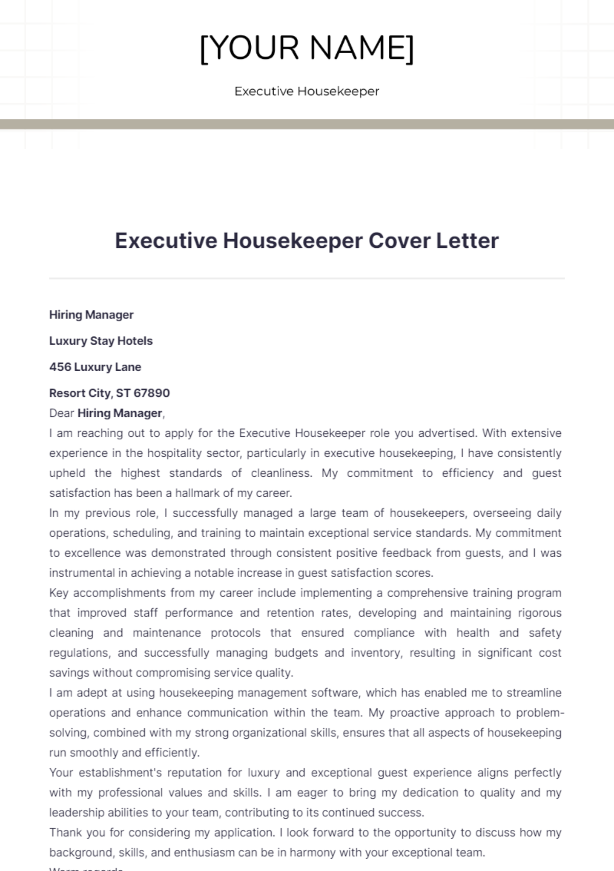 Executive Housekeeper Cover Letter - Edit Online & Download