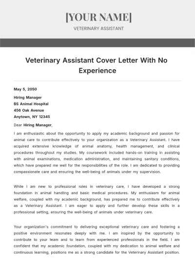 Free Veterinary Assistant Cover Letter With No Experience to Edit Online