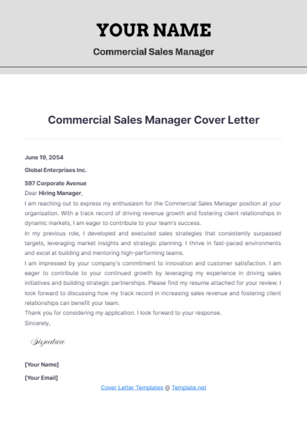 Commercial Sales Manager Cover Letter