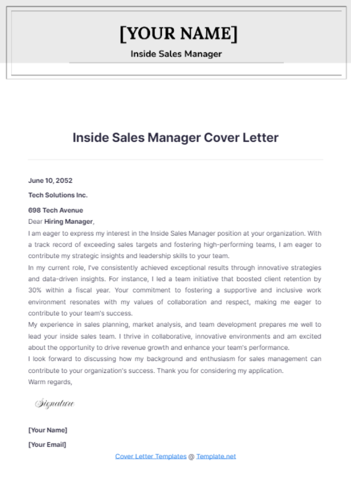 Inside Sales Manager Cover Letter