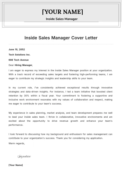 Free Inside Sales Manager Cover Letter to Edit Online