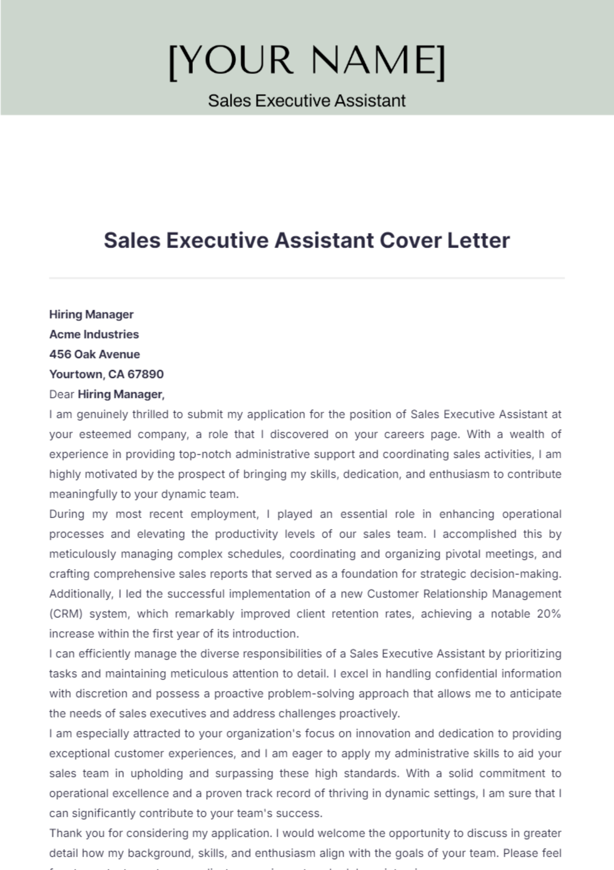 Sales Executive Assistant Cover Letter - Edit Online & Download