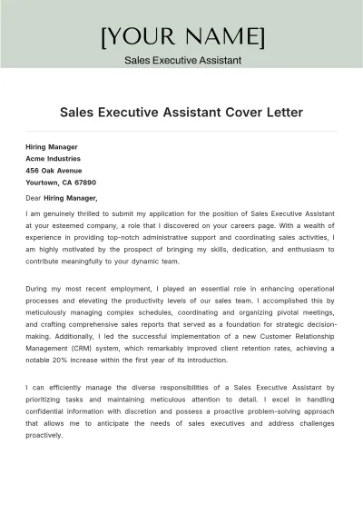 Free Sales Executive Assistant Cover Letter to Edit Online