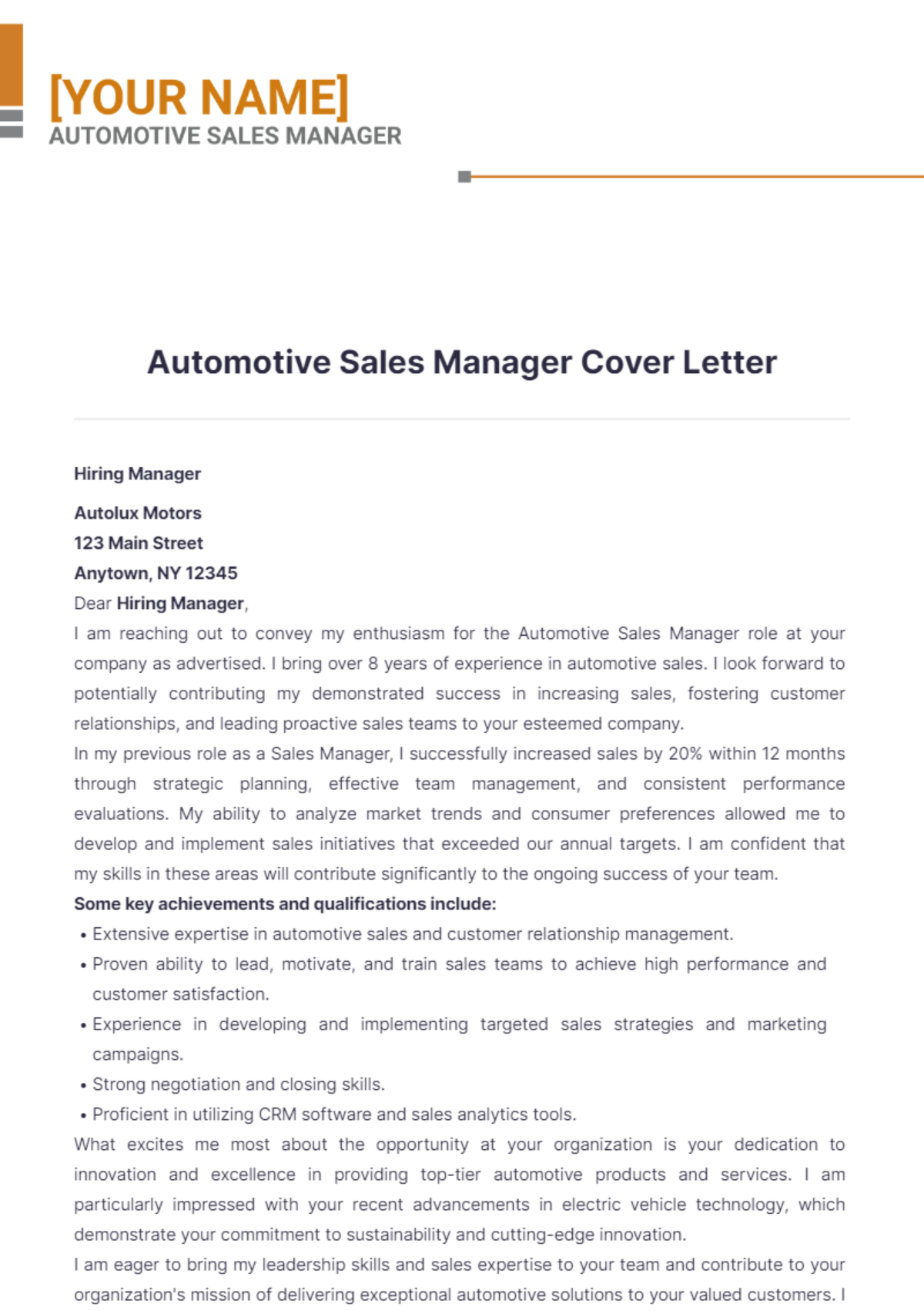 Automotive Sales Manager Cover Letter