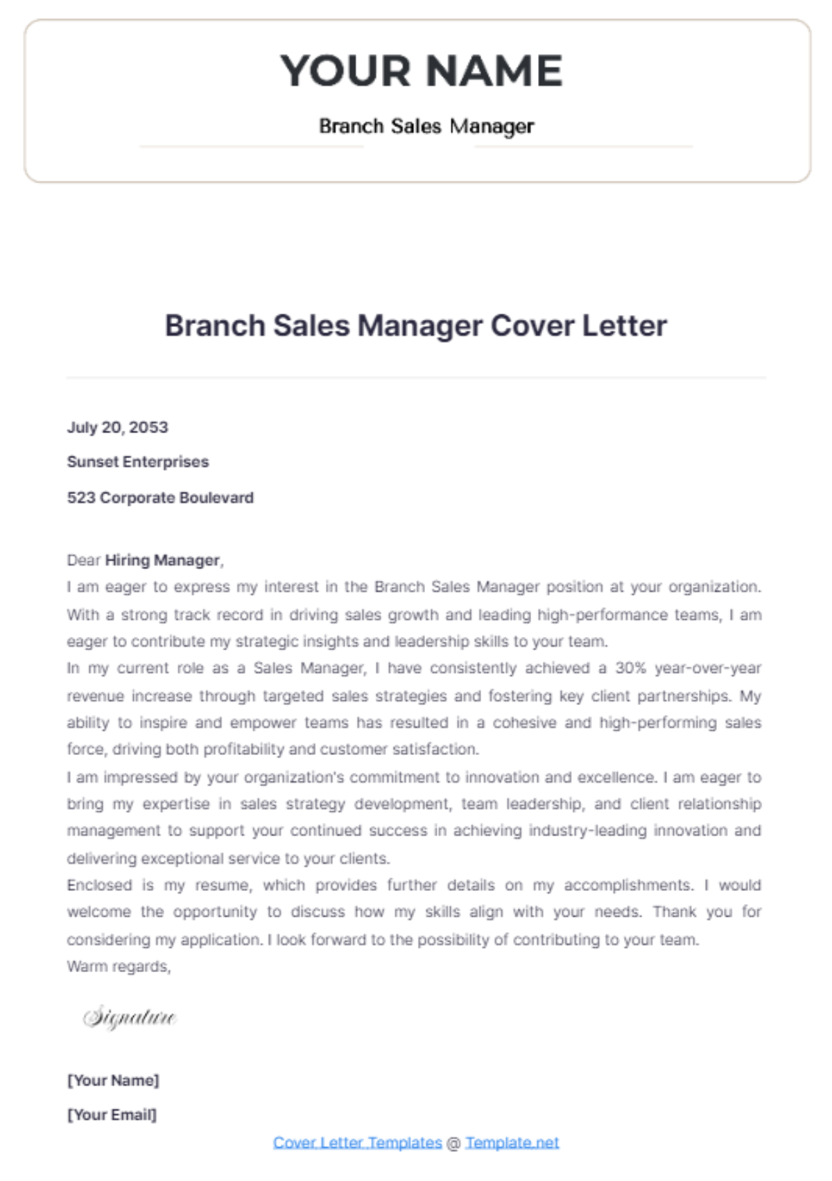 Branch Sales Manager Cover Letter