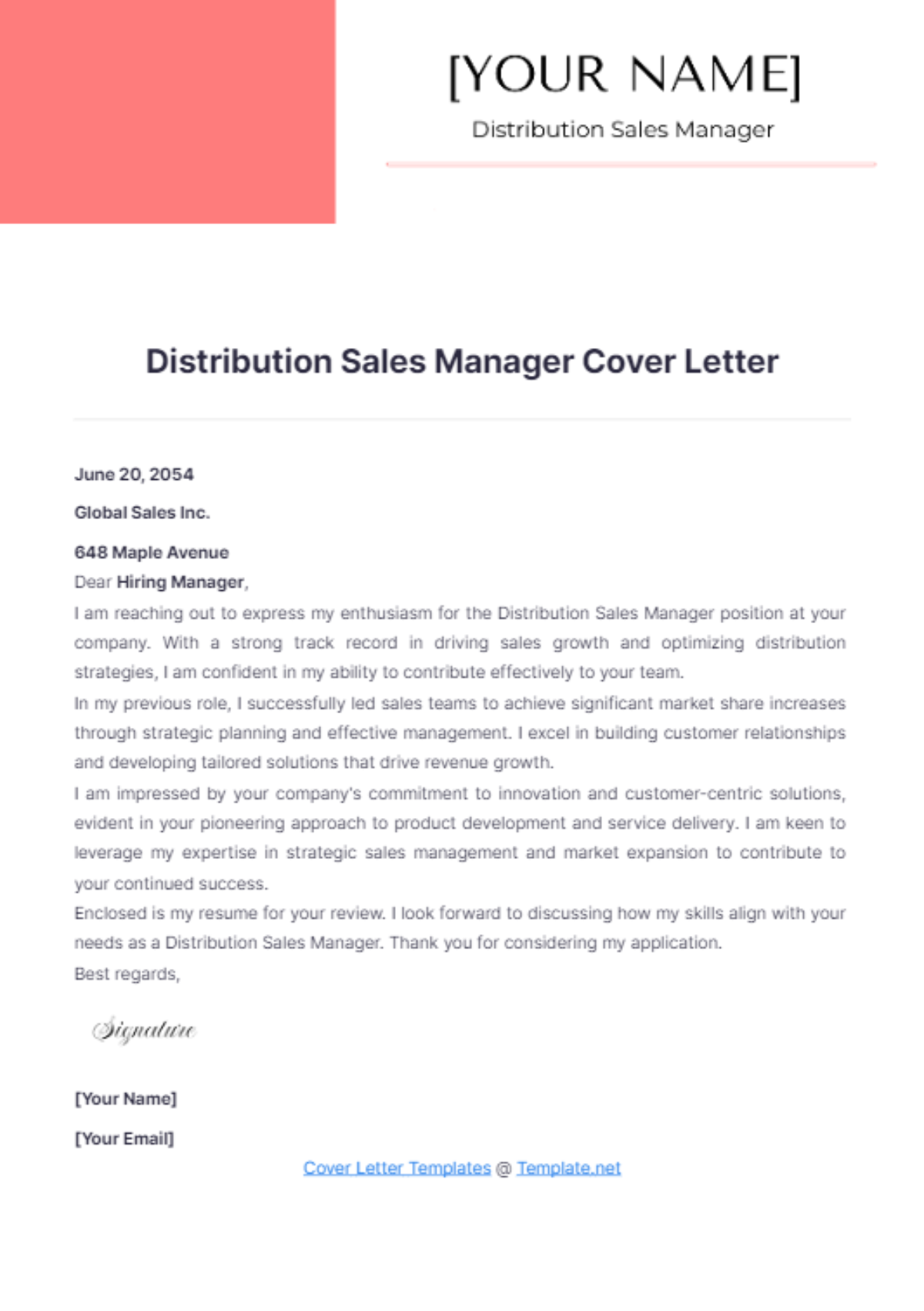 Distribution Sales Manager Cover Letter