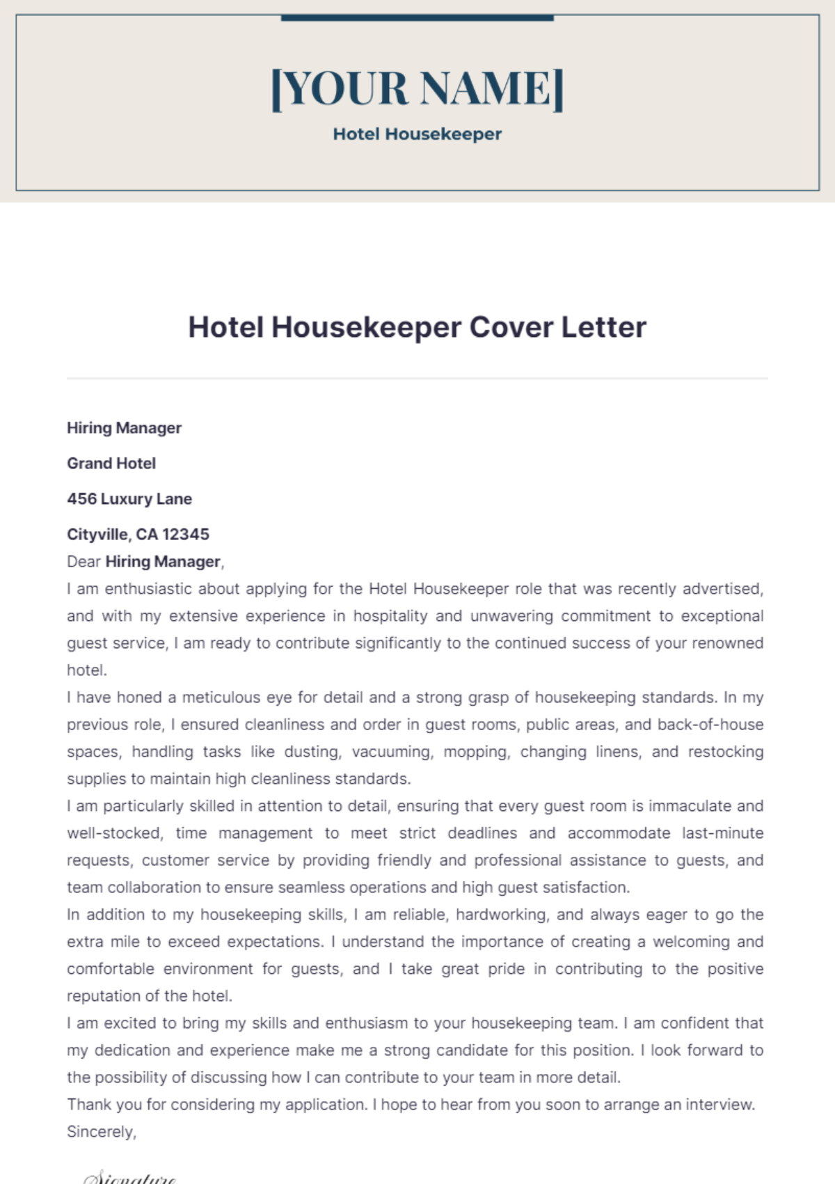 hotel housekeeper cover letter