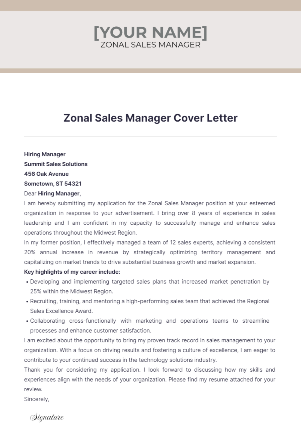 Zonal Sales Manager Cover Letter