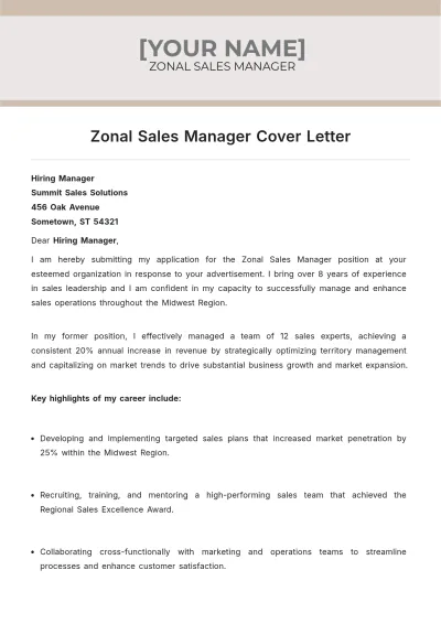 Free Zonal Sales Manager Cover Letter to Edit Online