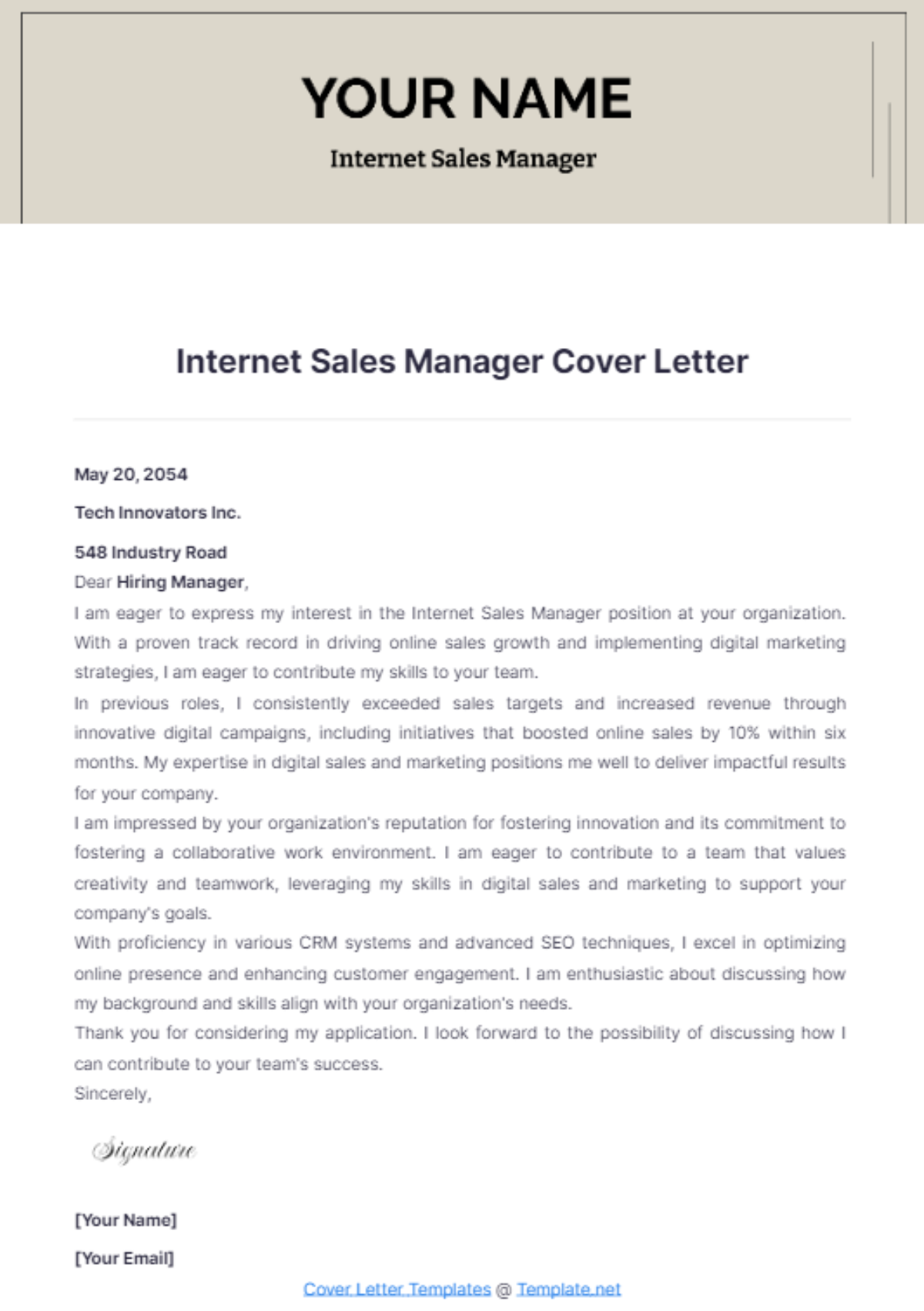 Internet Sales Manager Cover Letter