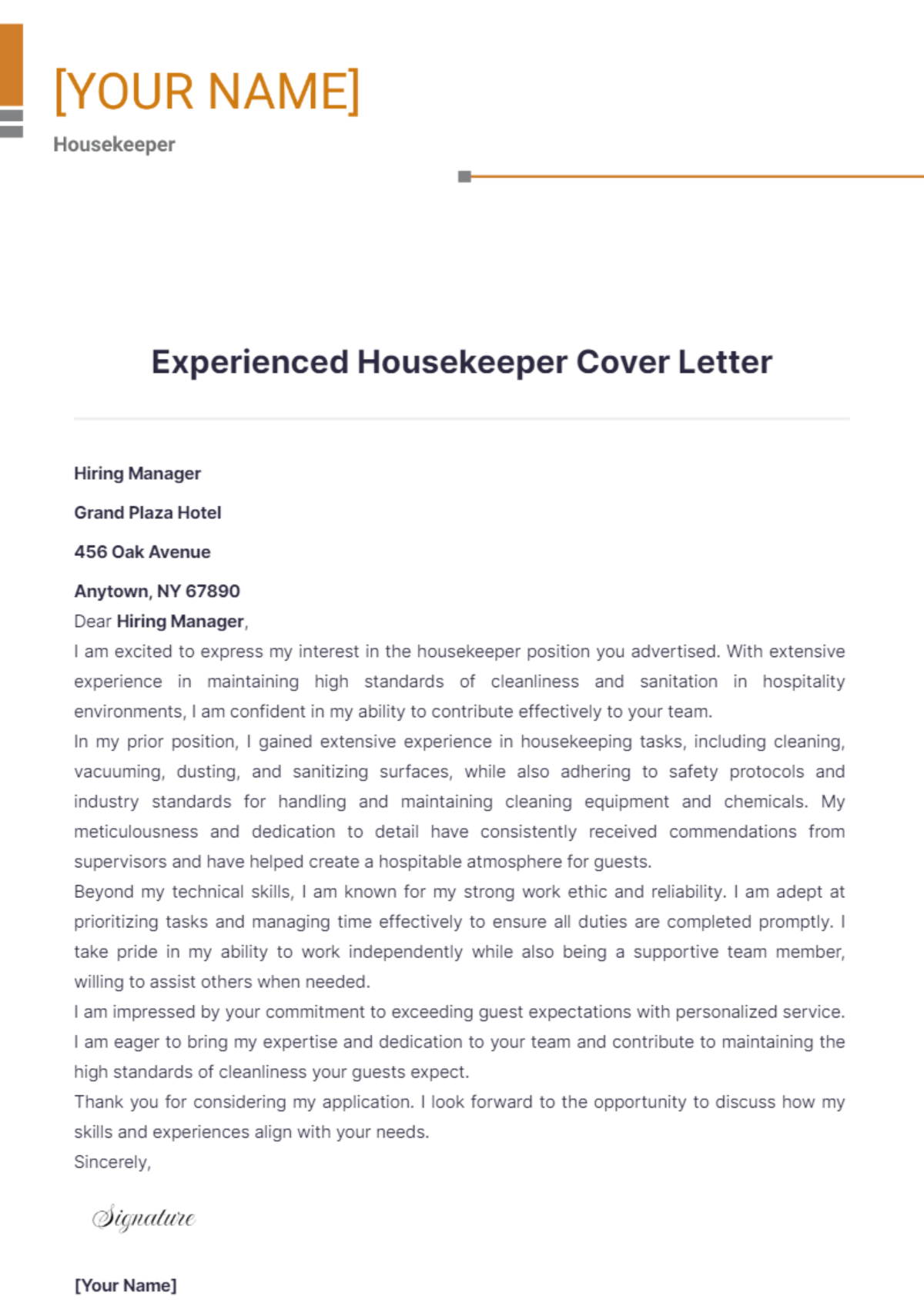 Experienced Housekeeper Cover Letter - Edit Online & Download